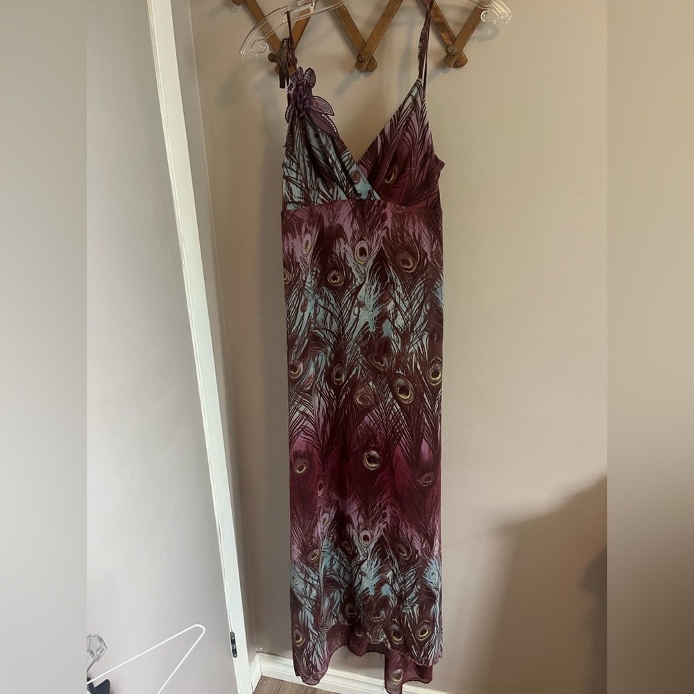 Peacock Feather Print Maxi Dress - Burgundy and Teal